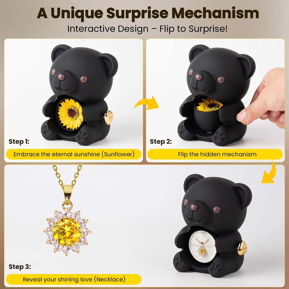 Lucky Sunflower Bear Necklace & Gift Box Set for Her