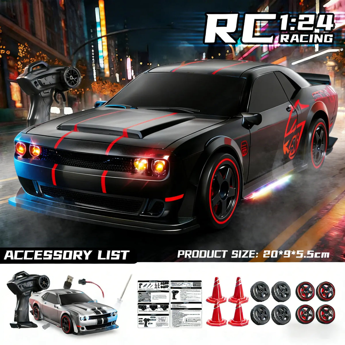 1:24 Full Proportional Throttle Electric RC Racing Car Model - Fast Remote Controlled Toy